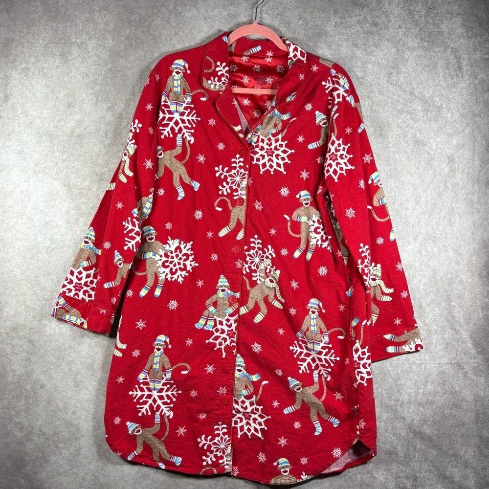 Nick & Nora Sleep Shirt Womens Size XL Red Flannel Snowflakes Santa Monkey Print